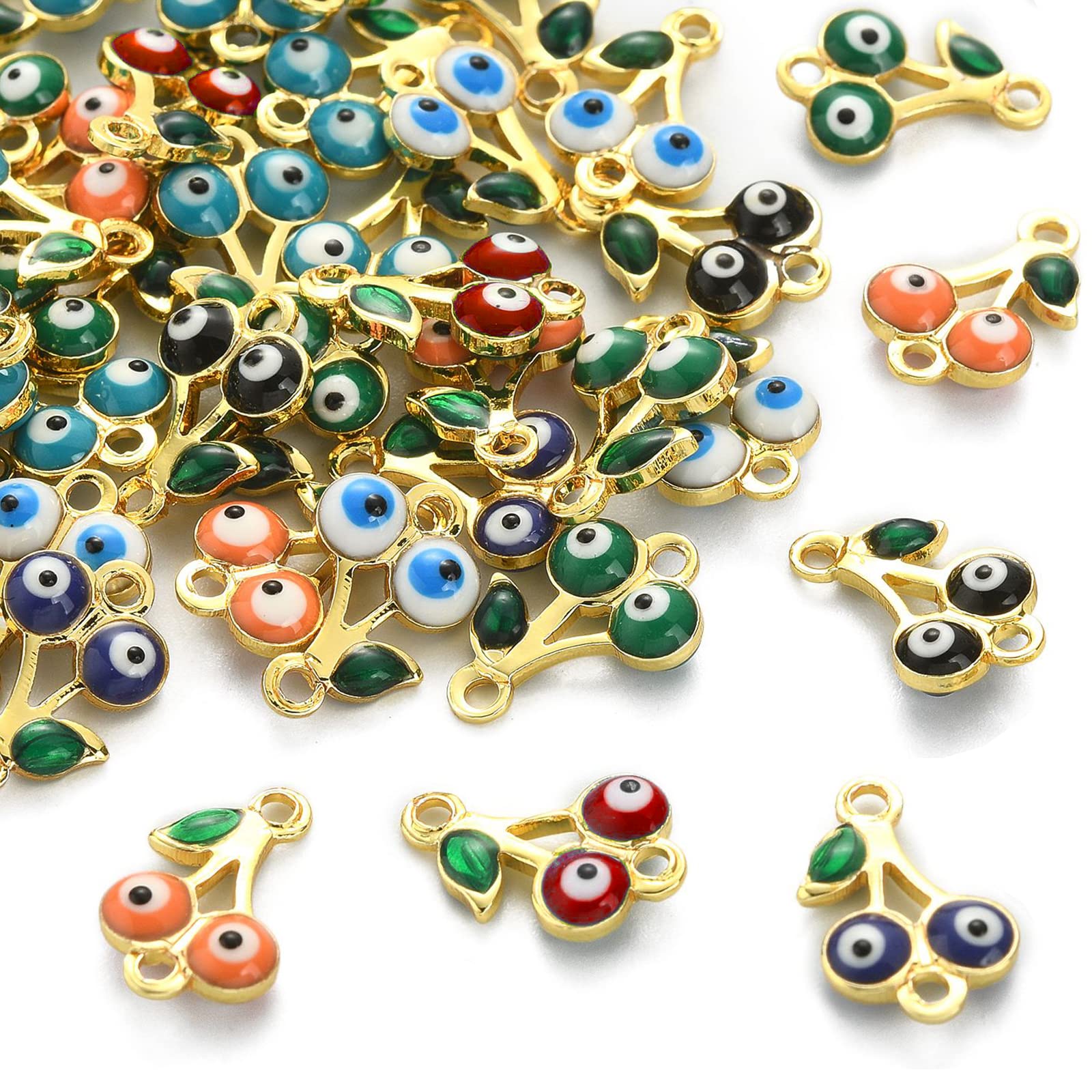 Stiesy 50Pcs Random Color Enamel Cherry Links Charms Cherry with Evil Eye Connectors Cute Fruit Two Hole Charms for DIY Crafts Bracelet Jewelry Making