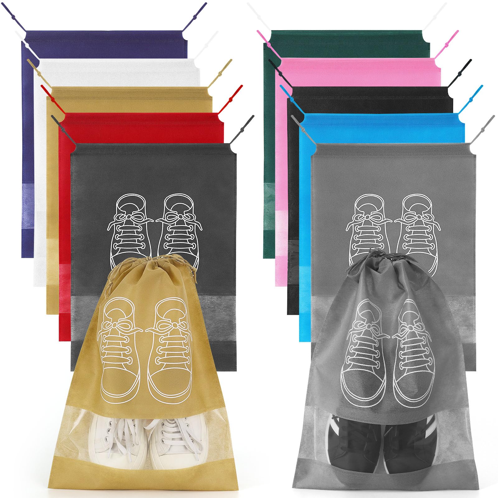 Photo 1 of 10 Pcs Portable Travel Shoe Bags, 17.3 x 12.6 Inches Waterproof Non-Woven Shoe Organizers Storage Bags, Large Drawstring Shoes Pouch Packing Organizers with Rope for Men, Women, Children