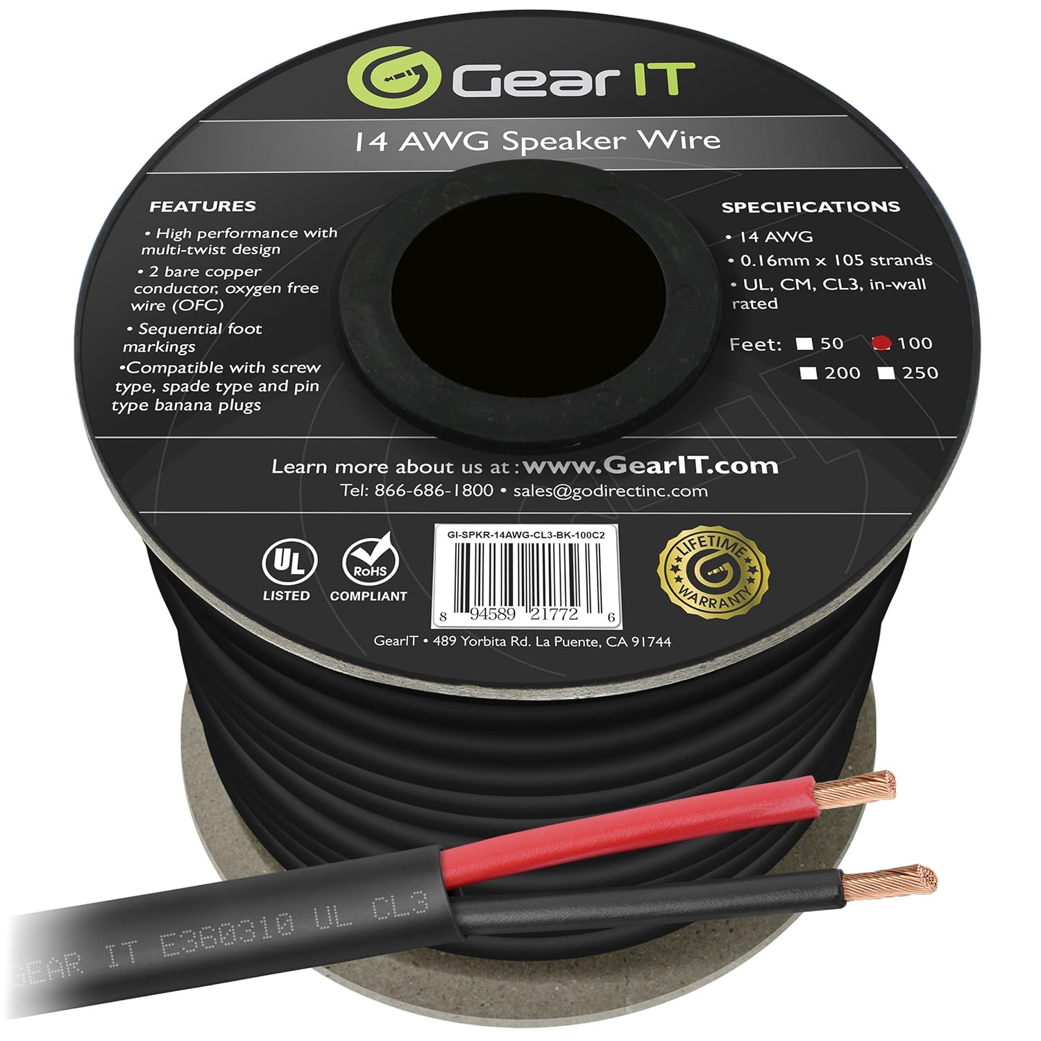 GearIT 14/2 Speaker Wire (100 Feet) 14AWG Gauge, Outdoor Direct Burial in Ground/in Wall / CL3 CL2 Rated / 2 Conductors
