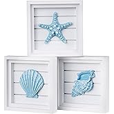 LODOCAVE Blue Seashell Starfish Coastal Wall Decor(6.3"x6.3"),3D Art Beach Theme Decorations for Home, Bathroom & Bedroom. Ocean Decorating Sets for Seashore House, It Best Gifts for Beach Lovers.