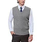 Kallspin Men’s Wool Blended Cable Knit Sweater Vest V Neck Relaxed Fit Sleeveless Pullovers