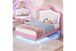 Linique Twin Size Upholstered Bed Frame with LED Lights, Modern Upholstered Princess Bed with Crown Headboard, White+Pink