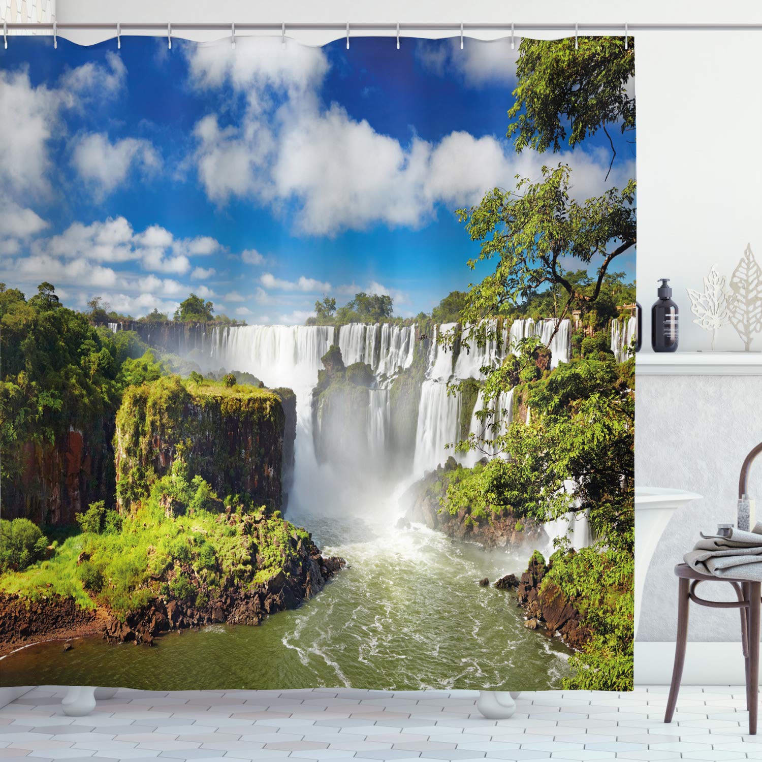 ABAKUHAUS Landscape Shower Curtain, Majestic Waterfall River Argentinean Falls Natural Wonders Scenery Nature Imagery, Cloth Fabric Bathroom Decor Set with Hooks, 94 Inches, Multicolor