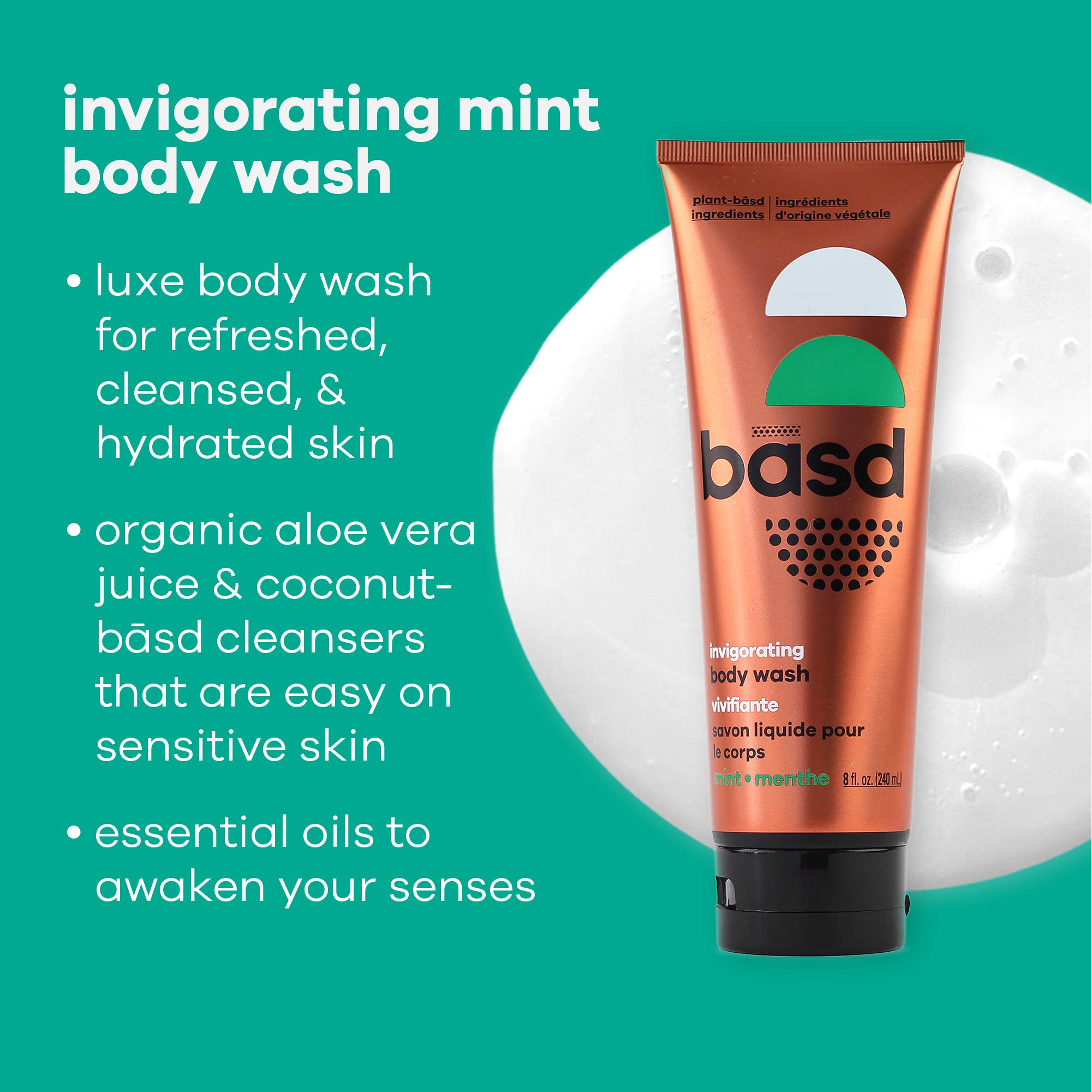 basd Natural Body Wash, Invigorating Mint | Organic & Moisturizing Ingredients, Vegan, Hypoallergenic, 8 Ounce Tube