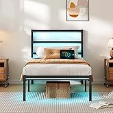 CLIBFENG Twin Bed Frame with Headboard,Heavy Duty Steel Slats Support-LED Bed Frame with USB Charging Station,Mattress Foundation-Under Bed Storage,No Box Spring Needed,Noise Free，Black