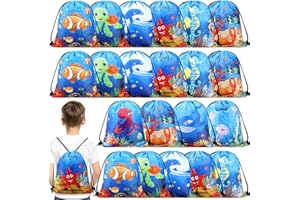 Sanwuta 18 Pcs Under the Sea Party Favor Bags Goodie Ocean Gift Drawstring Bags Beach Sea Animal Candy Treat Drawstring Backpack for Summer Birthday Party Decor Baby Shower Supplies (Classic Style)