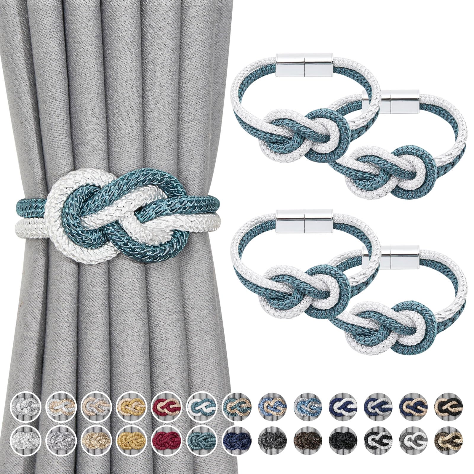Pretty Jolly 4 Pack Mini Magnetic Curtain Tiebacks Nordic Simple Style Drape Tie Backs Elegant Hand Weave Rope Knot Decorative Curtain Holdbacks for Home & Office Window Drapery (Teal & White)