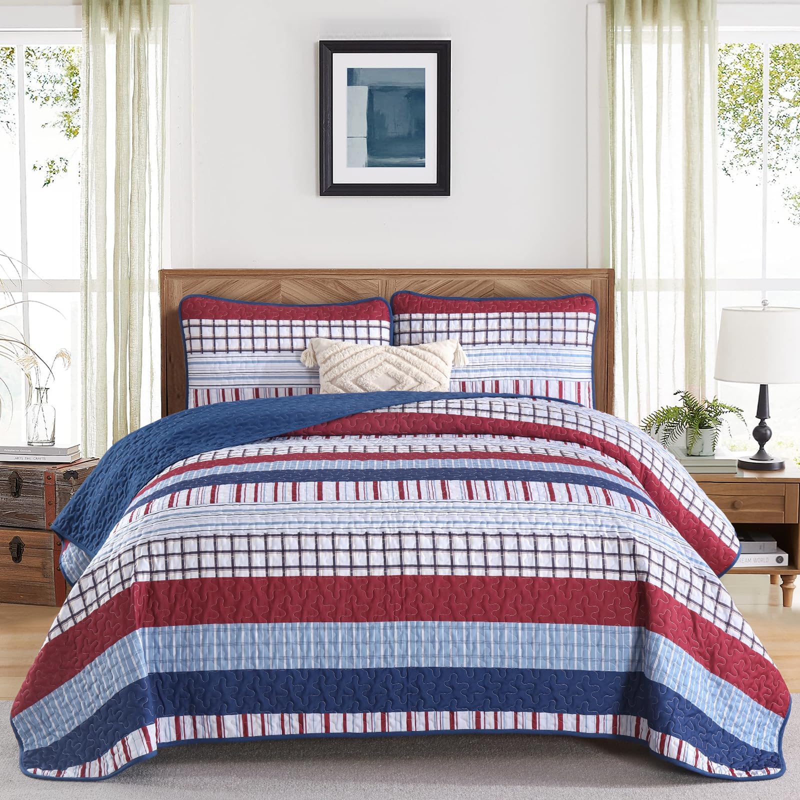 DJY California King Striped Quilt Set, Red Blue Boho Striped Bedspread Coverlet Set 3 Pieces Lightweight Soft Microfiber Patchwork Quilt Bedding Set for All Season (96"x106") Image