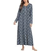 Ekouaer Women's Long Sleeve Nightgown Full Length Sleepwear Long Sleepshirts Henley Sleep Dress S-4XL