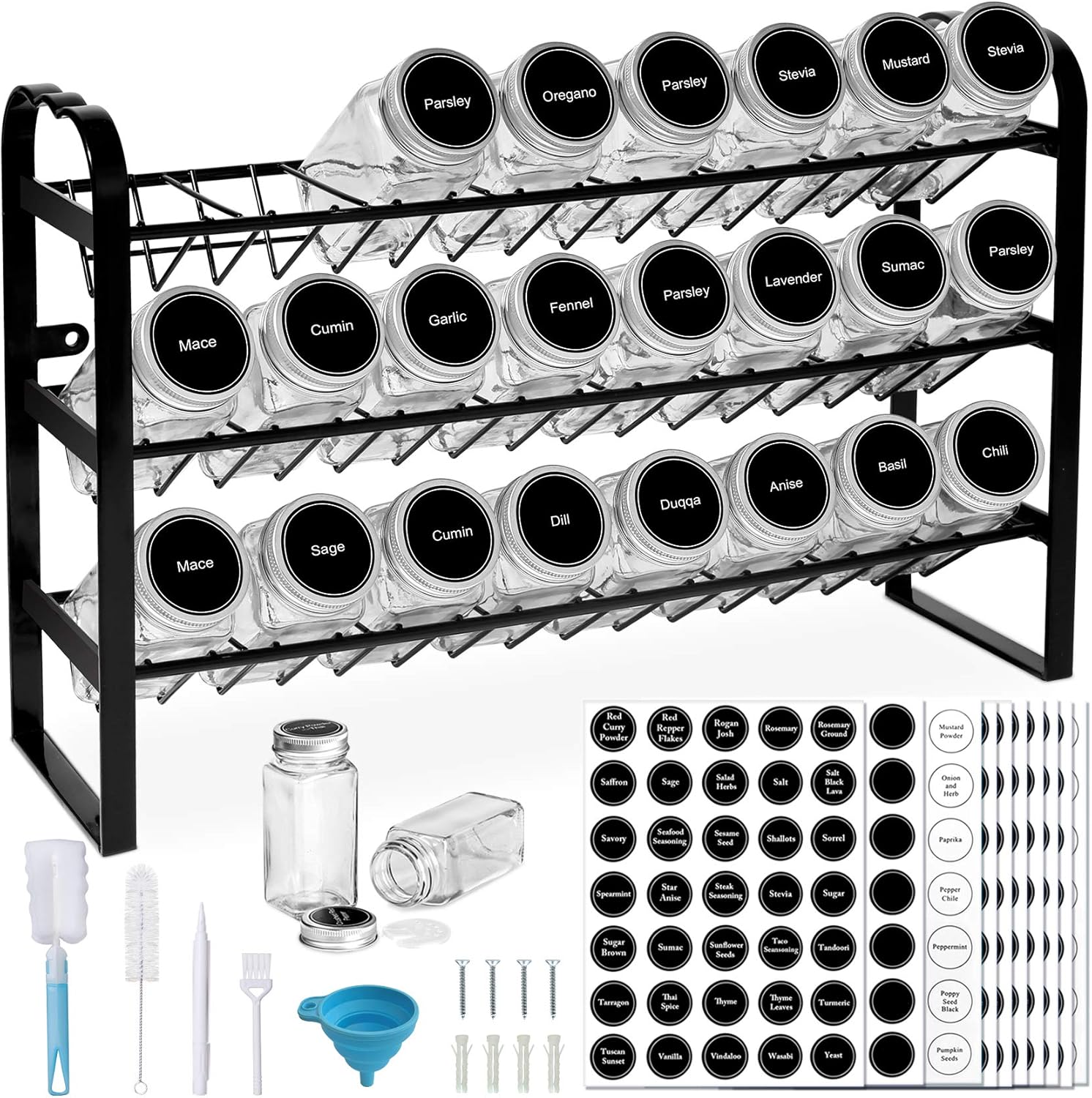 Spice Rack with 24 Empty Spice Jars, Standing or Wall Mounted Spice Rack Organizer for Countertop Cabinet Kitchen Pantry, Seasoning Holder Organizer with 420 Spice Labels Marker and Funnel: Home Improvement
