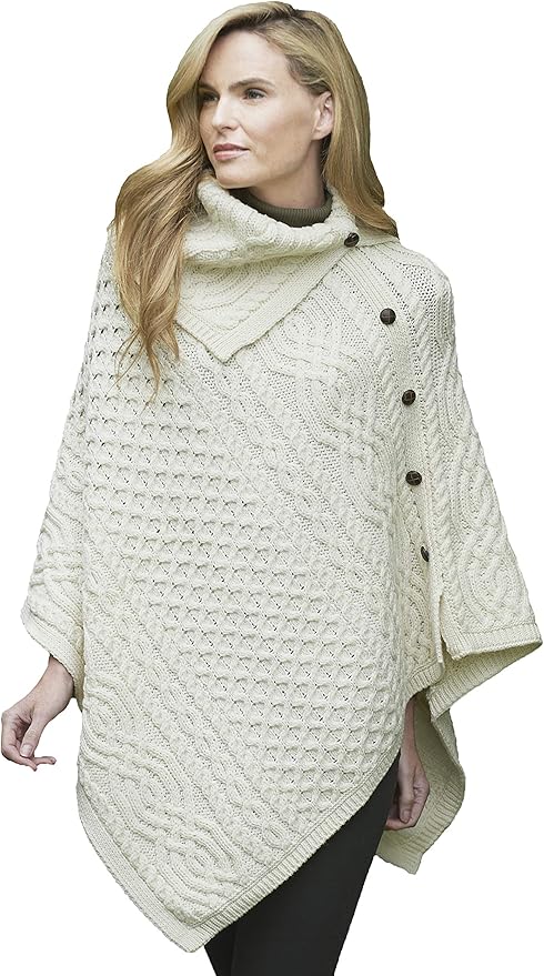 Aran Crafts Women's Cable Knit Buttoned Cowl Neck Poncho (100% Merino ...