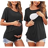 Ekouaer Women Short Sleeve Nursing Shirts Soft Maternity Tops Double Layer Breastfeeding Blouse Round Neck Pregnancy Clothes