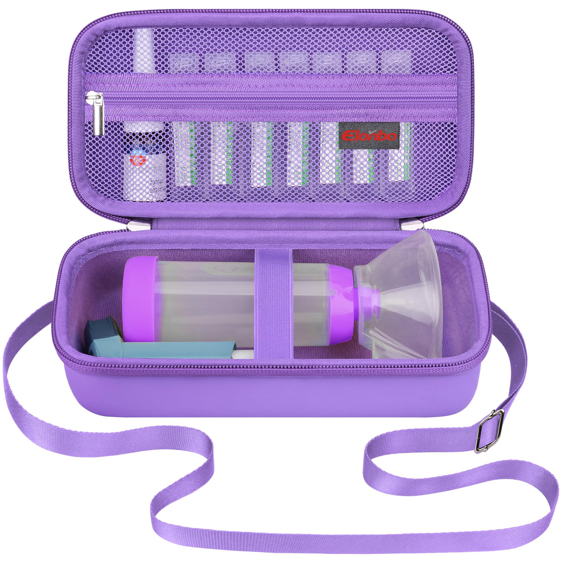 Elonbo Carrying Case ​for Asthma Inhaler, Inhaler Spacer for Kids and Adults, Masks, Inhaler Holder Asthma Travel Organize Bag, Pocket Fits Allergy Meds, Ventolin Inhaler, Purple (Case Only)