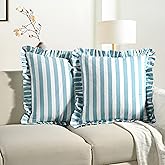 CPC Blue Striped Hand Block Print Cotton Ruffle Decorative Throw Covers with Hidden Zipper 20" x 20" Set of 2 Home Decor Pillowcases for Bed, Sofa, Couch, Living Room Gift Spring, Easter, Valentine