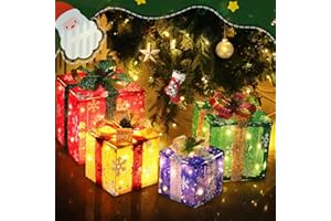 DomKom Set of 4 Christmas Lighted Gift Boxes, 70 Led Light Up Colorful Iron Frame Present Box with Pine Cones Bows for Xmas Tree Party Yard Holiday Indoor Outdoor Decoration