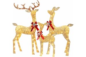 YULETIME 3-Piece Pre-lit 3D Christmas Reindeer Family, Lighted Glitter Christmas Deer Family Holiday Decoration with 210 Warm White LED Lights (3D Family)
