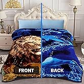 YHSF Korean Faux Mink Blanket - 2 Ply Thick & Soft Reversible Printed Plush Winter - Warm Cozy Silky Raschel Blanket - Easy Care, Fade Resistant - Dolphin/Lion, Queen, 5 LB, 87 in x 75 in