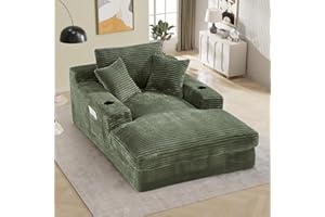 BEQAI 49.6" W x 75.9" D Super Oversized Chaise Lounge Chair Indoor Boneless Reading Chair Corduroy Recliner Deep Seat Sleeper Fluffy Comfy Sofa Bed Couch with Cup Holders for Living Room Bedroom, Green