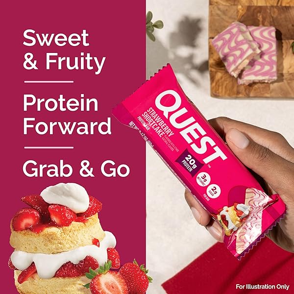 QUEST NUTRITION PROTEIN BARS, STRAWBERRY SHORTCAKE, 20G PROTEIN, 2G SUGAR, 3G NET CARBS, 10G FIBER, GLUTEN FREE, 12 COUNT