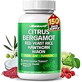 Citrus Bergamot Supplement - 15-in-1 Natural Blend with Red Yeast Rice Hawthorn Olive Leaf Odorless Garlic Turmeric Ginger Fenugreek - 150 Count