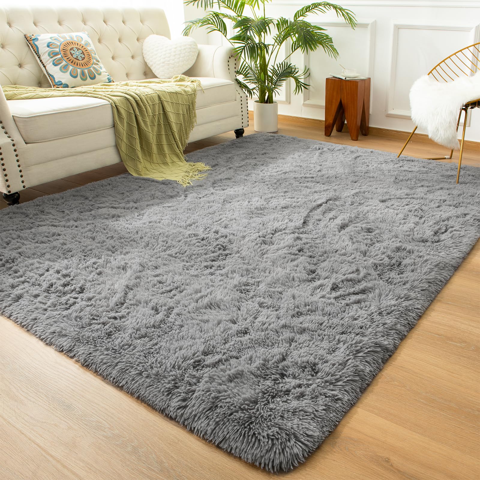 Photo 1 of Andecor Soft Fluffy Bedroom Rugs, 5 x 8 Feet Indoor Shaggy Plush Area Rug for Boys Girls Kids Baby College Dorm Living Room Home Decor Floor Carpet, Grey