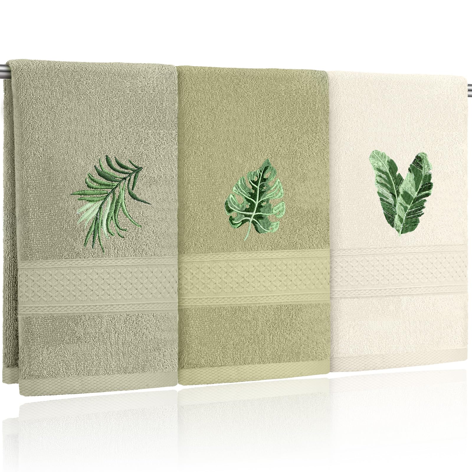 Photo 1 of 2pcs only FuWeave Sage Green Hand Towels Tropical Bathroom Decor Farmhouse Embroidered Sage Green Monstera Banana Palm Leaf Decorative Towels for Bathroom Kitchen, 100% Cotton, 13.4 x 29''