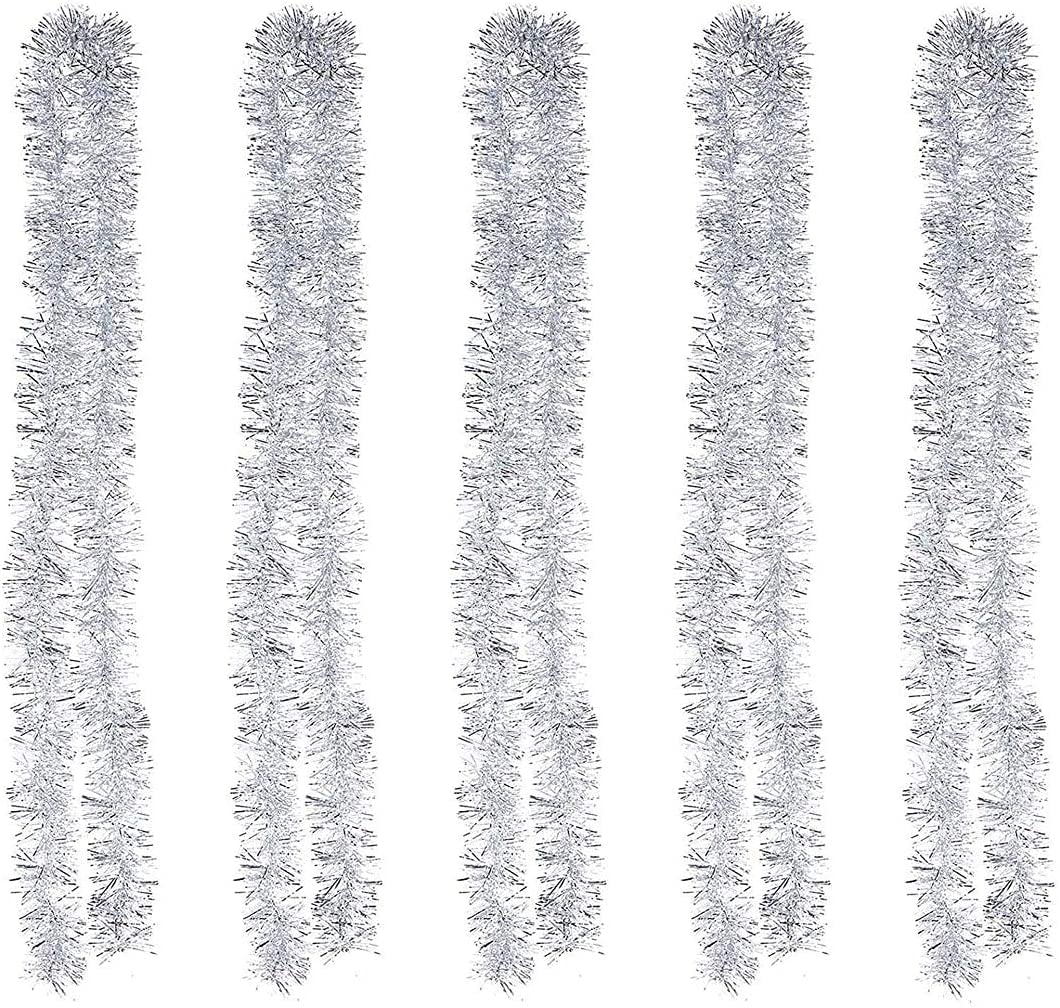 POFET 5PCS Christmas 2m Silver Tinsel Metallic Garland Sparkling Hanging Decoration for Christmas Tree Wreath Wedding Party Supplies
