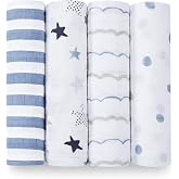 aden + anais Boutique Muslin Swaddle Blanket for Baby Girls and Boys, Newborn Receiving Blanket for Swaddling, 100% Muslin Cotton Swaddle Wrap, 4 Pack, Rock Star