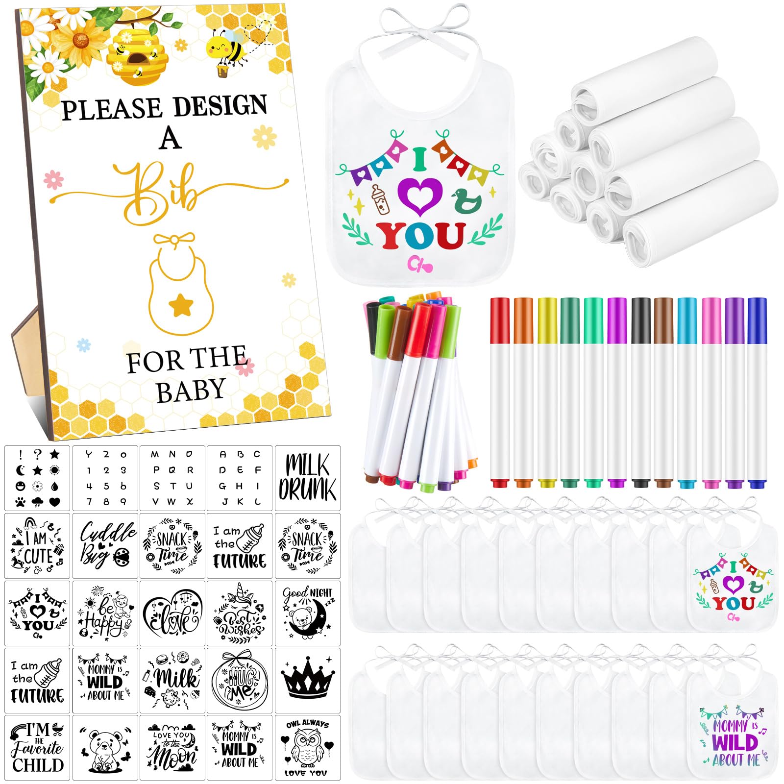 Photo 1 of Panitay 100 Pcs DIY Baby Bibs Decorating Kit 50 White Bibs 25 Stencils 24 Fabric Markers 1 Baby Shower Game Sign(Bee)