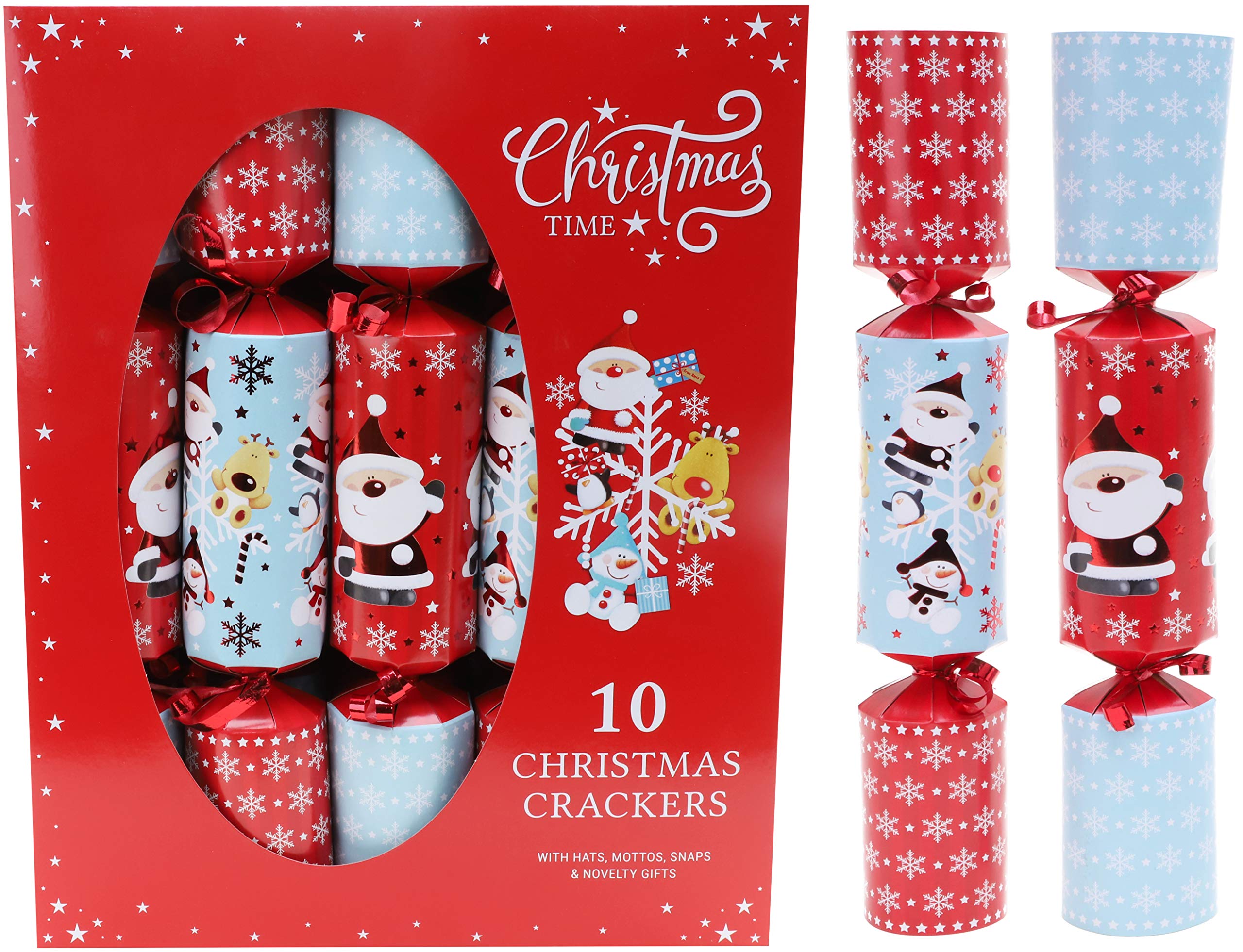 Toyland® Pack of 10 Large Christmas Crackers - Santa & Rudolph Design - Premium Family Crackers with Hats, Jokes & Gifts - Festive Table Decorations for Parties & Dinner