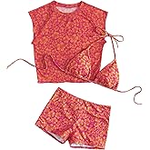 SOLY HUX Women's Floral Print Halter Top and Shorts Bikini Bathing Suits 3 Piece Swimsuit with Cover Up Top