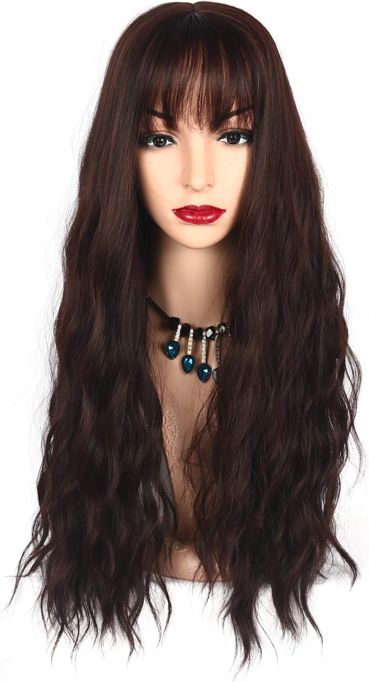 ChisuSynthetic Wigs With Bangs For Women Glueless Wigs Long Wavy Style Wig 26inches Linen Reddish Brown Color
