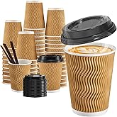 SIUQ 12 oz Coffee Cups-90 Pack Disposable Coffee Cups with Lids and Straws, Insulated Ripple Wall To Go Paper Coffee Cup for Coffee, Hot Chocolate and Hot Tea Drinks - Champagne