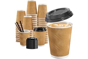 SIUQ 12 oz Coffee Cups-90 Pack Disposable Coffee Cups with Lids and Straws, Insulated Ripple Wall To Go Paper Coffee Cup for Coffee, Hot Chocolate and Hot Tea Drinks - Champagne