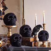 Weysat 4 Pcs Black Velvet Skull Halloween Human Head Model Decor | 5.1 x 3.5 Inches Plastic Skulls Decor, Realistic Fake Skeletons Statue for Table Bookshelf Desktop, Spooky Scene Prop Decor