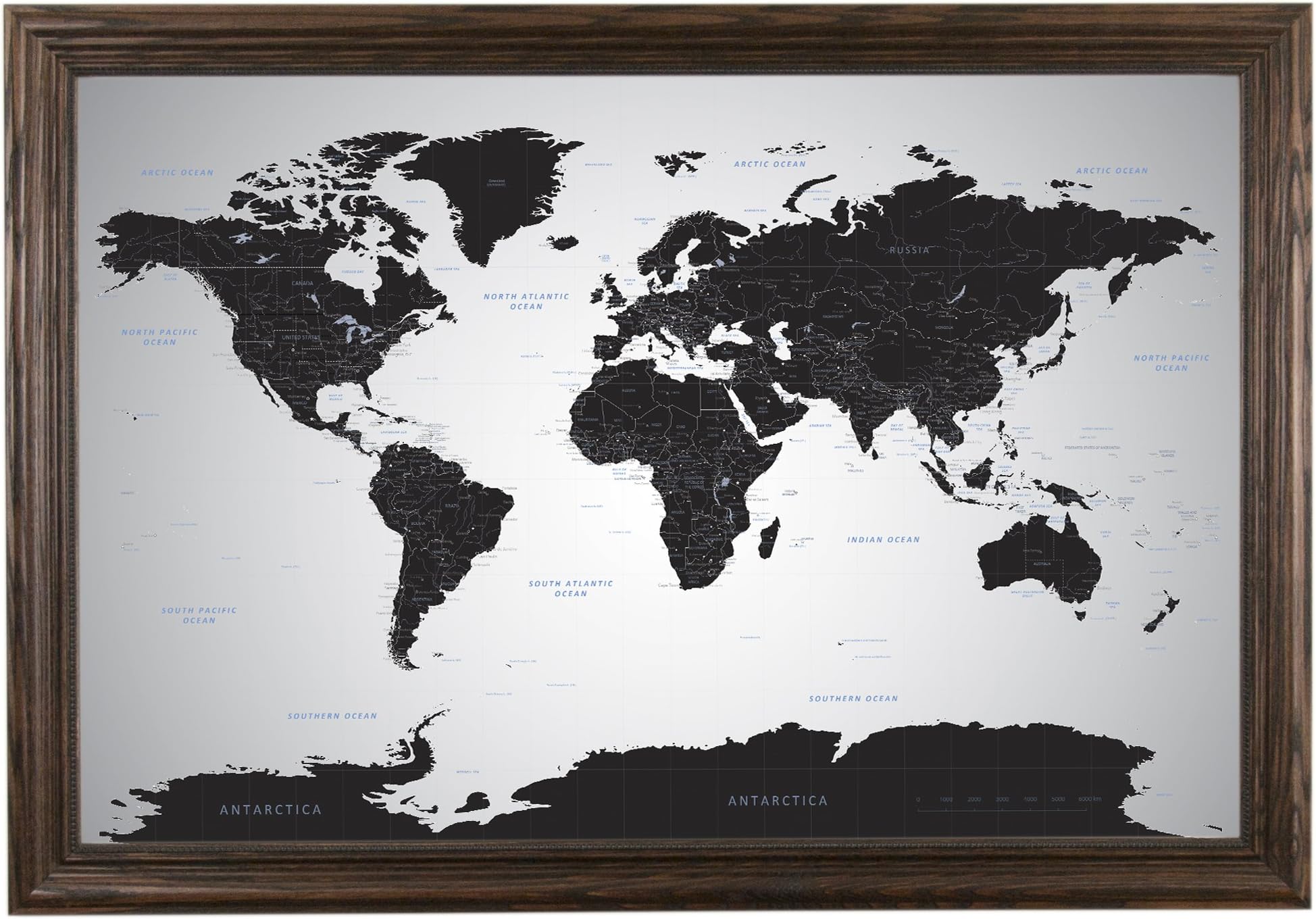 Push Pin Travel Maps Black Ice World with pins - 27.5 inches x 39.5 inches - Solid Wood Brown Frame