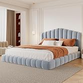 Merax Queen Velvet Floor Platform Bed, Shell-Shaped Headboard, Light Blue | Velvet Upholstered Floor Bed Frame with Cushioned Guardrails and No Box Spring Needed for Bedrooms