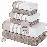 Modern Threads 6-Piece Towel Set – 100% Cotton, Quick Dry, Ultra Absorbent – Includes 2 Bath, 2 Hand, 2 Washcloths (White/Reinhart Tan)