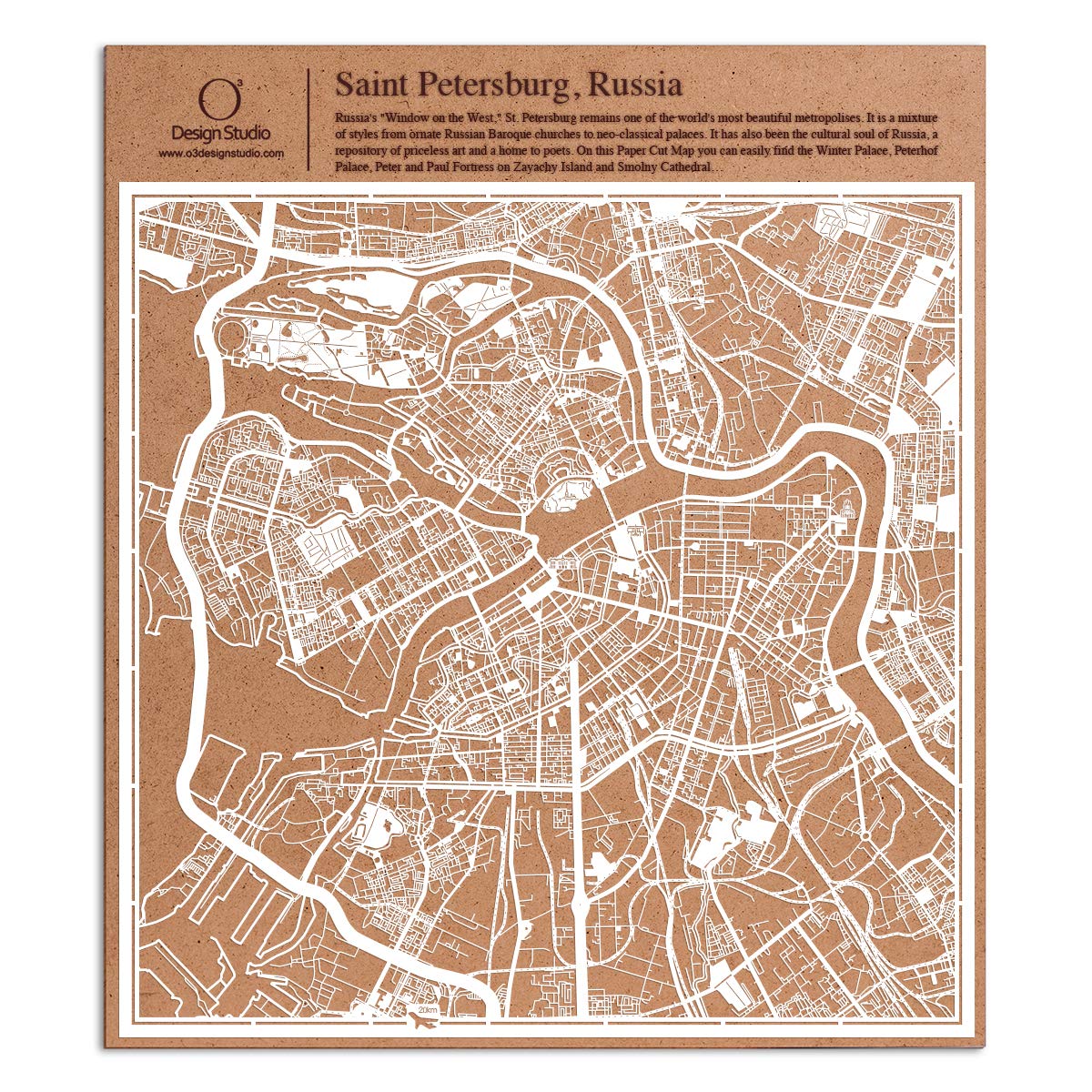 Saint Petersburg, Russia Paper Cut Map White 12x12 inches Paper Art