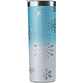 Onebttl Winter Gift, Christmas Gift for Women, Teens, Girls, Girlfriend, Friends, Daughter, Sister, Xmas Gifts, Snowflake Glitter Stainless Steel Tumbler 20 Oz, Blue and Silver
