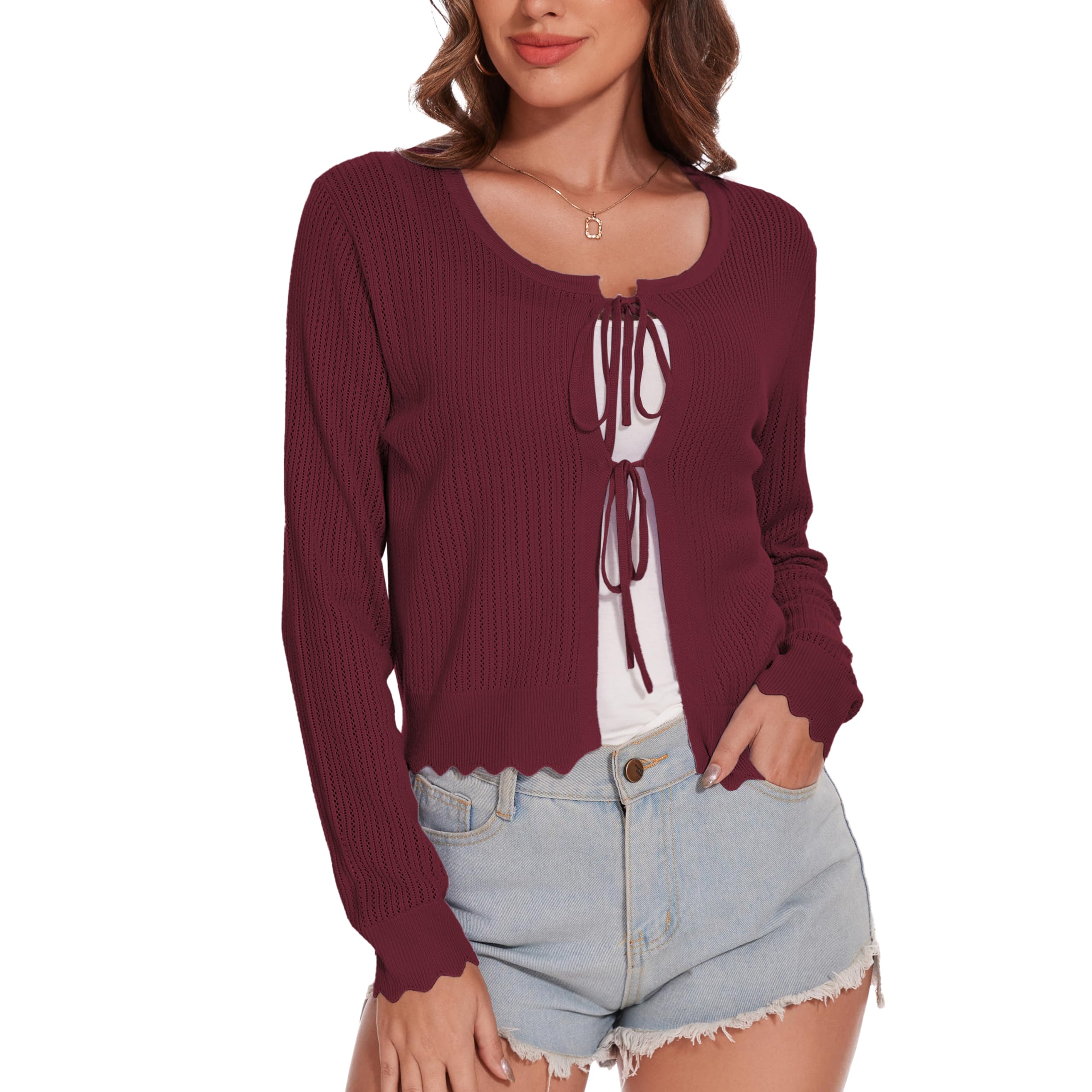 Photo 1 of **PICTURE FOR REFERENCE**Women's Tie Front Knit Cropped Cardigan Long Sleeve Sweater Shrug Top Burgundy