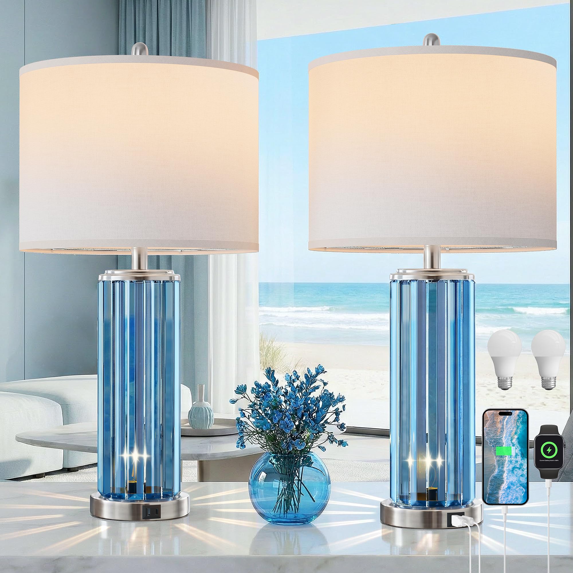 QiMH Table Lamps for Bedroom Set of 2 with Nightlight, Modern Bedside Lamp with USB A+C Charging Port, Blue Nightstand Lamp for Living Room White Shade Home Decor, 2 Bulbs Included Image