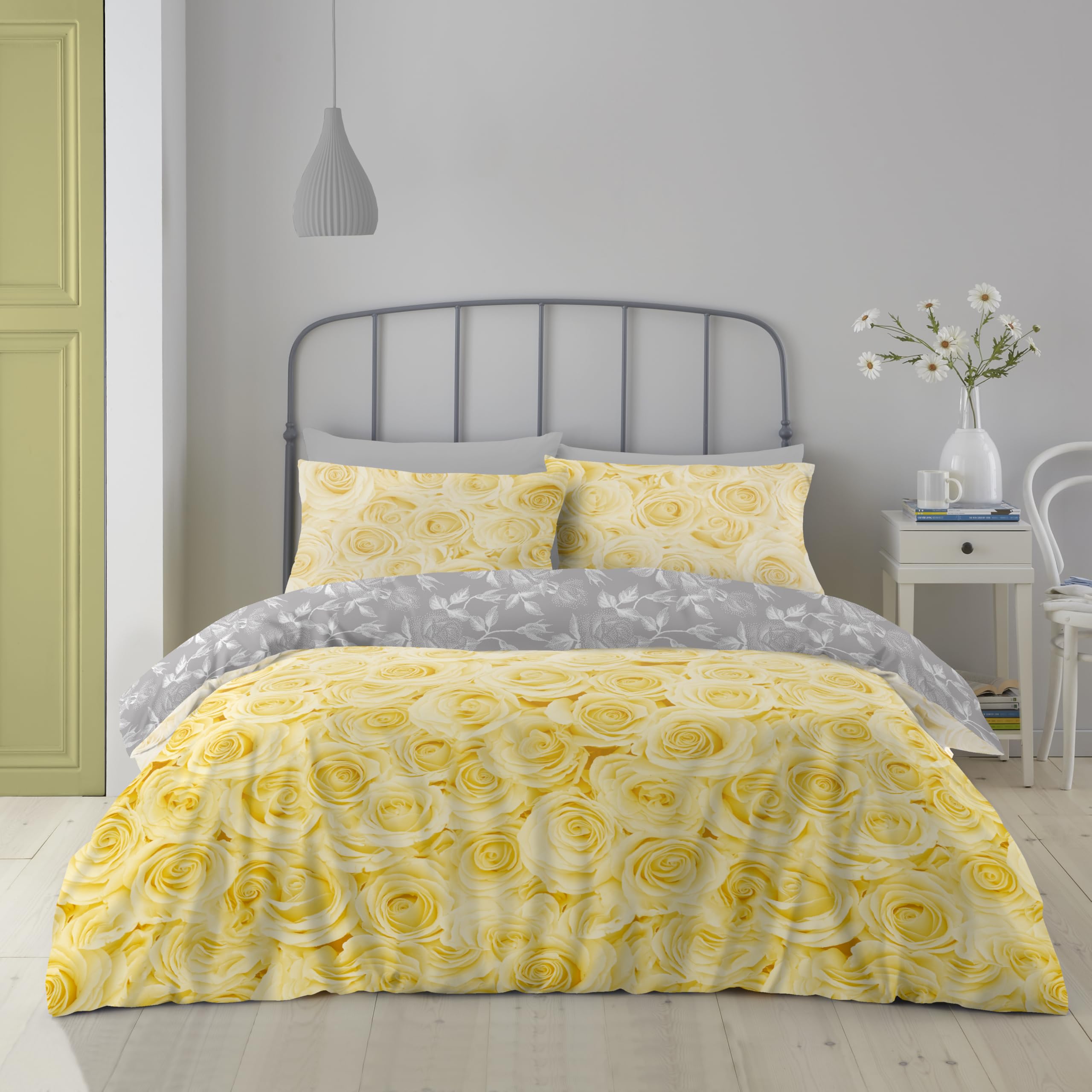 GC GAVENO CAVAILIA Premium Rose Duvet Cover King Size, Reversible Polycotton Bed Covers, Floral Bedding, Ochre