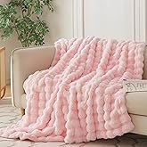 COOVA Faux Fur Throw Blanket for Couch, Cozy Soft and Fuzzy Plush Rabbit Fur Bubble Blanket for Sofa Bedroom Living Room, 50x60 Inches Light Pink