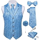 DiBanGu Silk Vest Tie Set for Men,Woven Paisley Dress Waistcoat and Bowtie Pocket Square Cufflinks Lapel Pin Formal Suit Vest