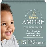 Pampers Amore, Size 5 (20-37 lbs), 132 Count, Our Best Diaper &ndash; Hypoallergenic &amp; Fragrance Free, Up to 100% Leakproof, Soft as Cashmere