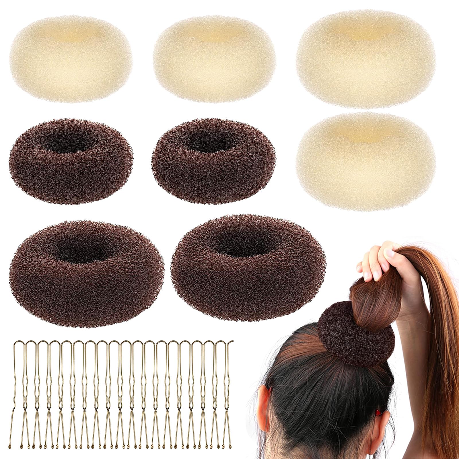 Bettinay 28PCS Brown Beige Hair Bun Donut Sets, 8 Hair Doughnuts for Buns with 20 Hair Pins, Donuts Maker for Dancer Ballerina