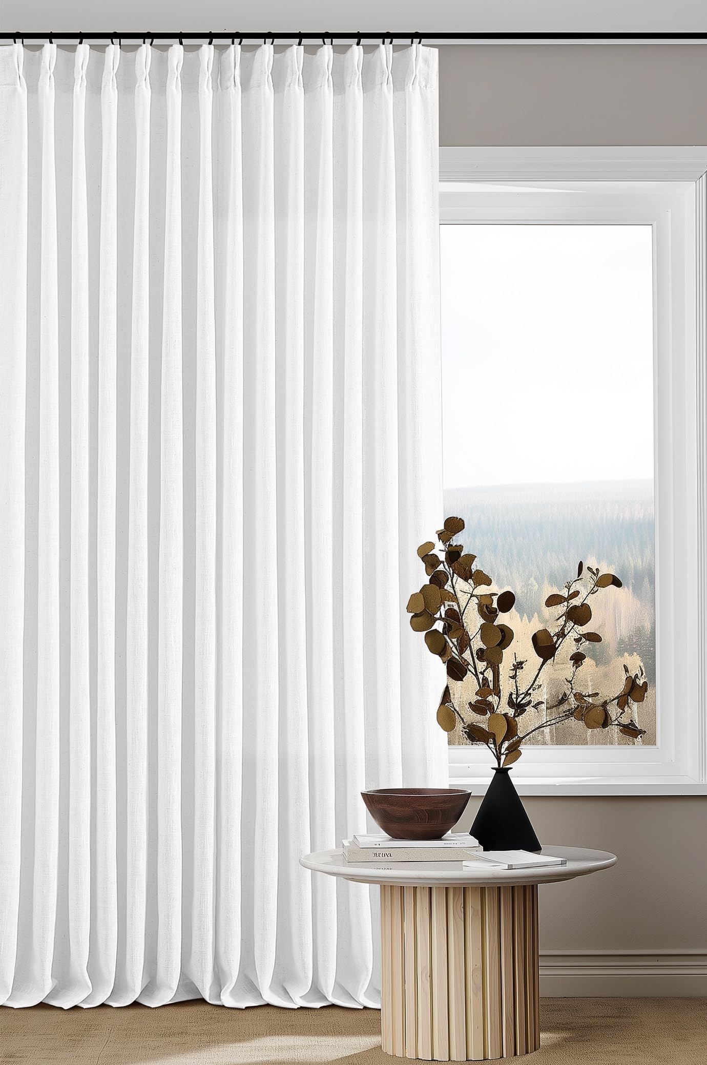 Photo 1 of White Linen Curtains 80 Inches Long for Living Room Pinch Pleat Hooks for Living Room Back Tab Thick Linen Textured Pleated Drape Light Filtering Snow White Bedroom Window Curtain 80 Inch Length