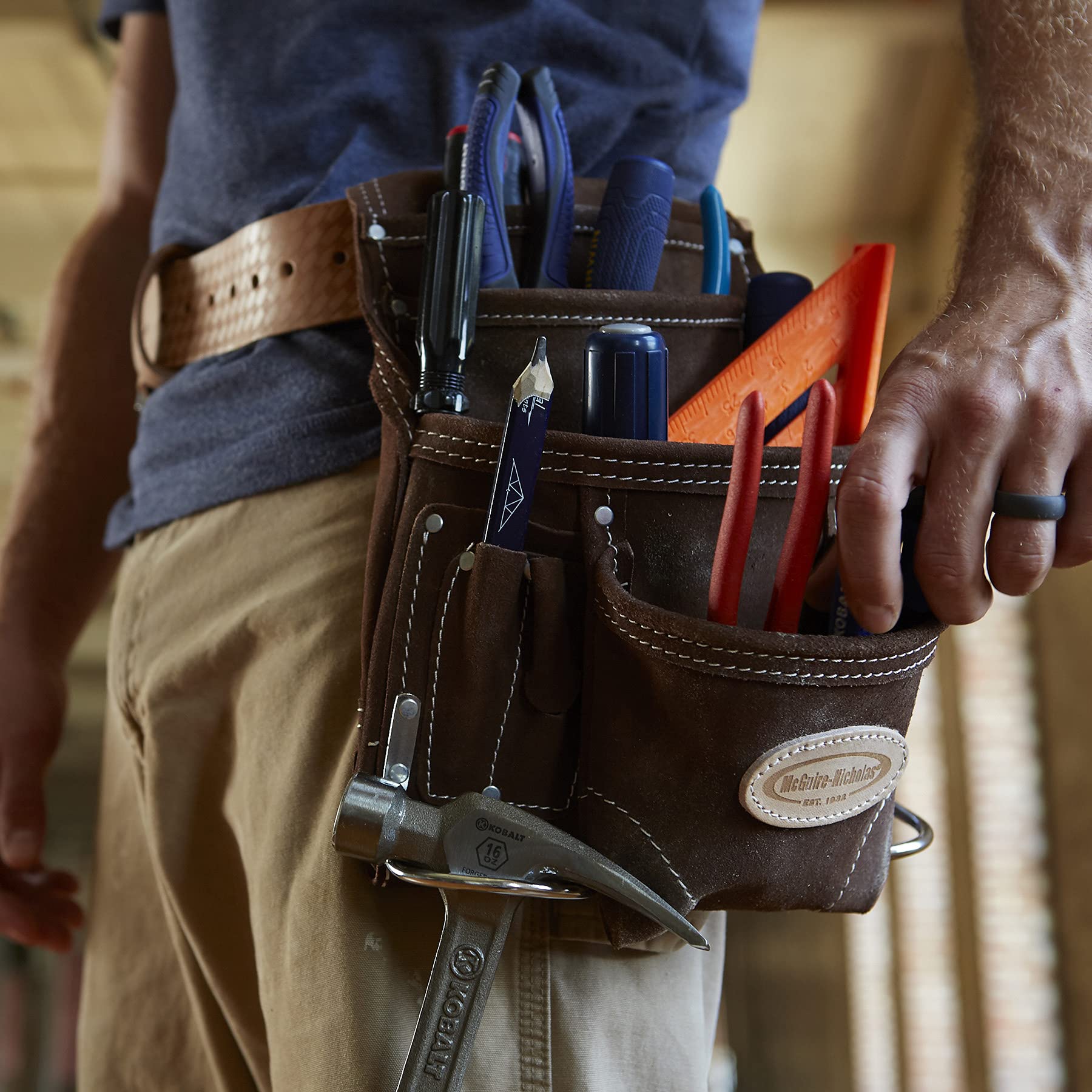 McGuire-Nicholas 10 Pocket Carpenter's Pouch | Premium Leather Nail & Tool Bag with Reinforced Wear Points, Brown