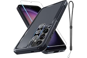 RMOCR for Samsung Galaxy S24 Case, Full Body Heavy Duty Rugged Shockproof Protective Phone Cover with Lanyard Strap, Tempered Glass Screen Protector and Camera Lens Cover, Black Matte